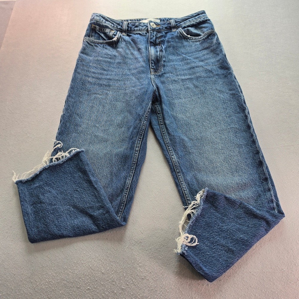 Mango MNG Mom Jeans Womens 6 Medium Wash High Rise Raw Hem Denim Tapered Leg